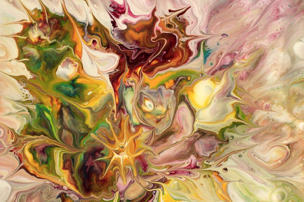 Colorful and dynamic abstract fluid painting with vibrant swirls and texture.